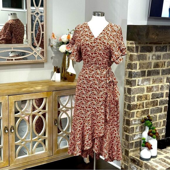 Max Studio Women's Ruffle Crepe High/Low Wrap Midi Dress in the Size X-Large - Picture 7 of 13